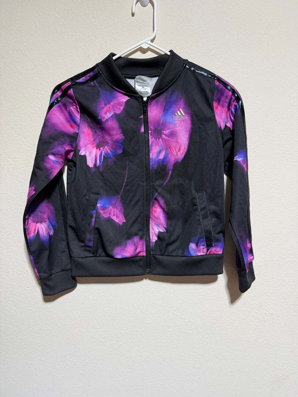 Adidas Girls Floral Track Jacket Black Purple Size M 10/12